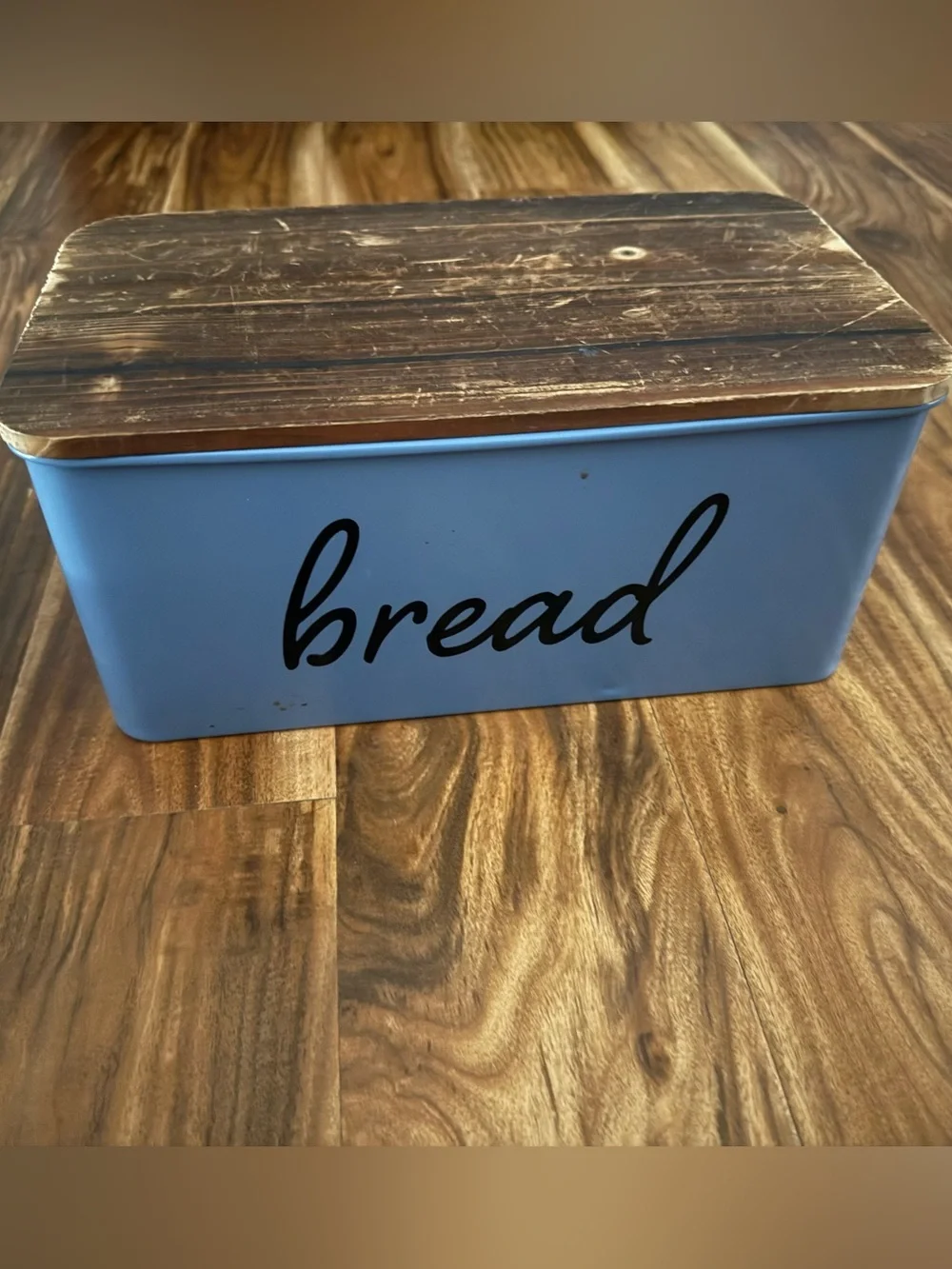 Blue Bread Box with Wooden Lid - Modern Kitchen Storage